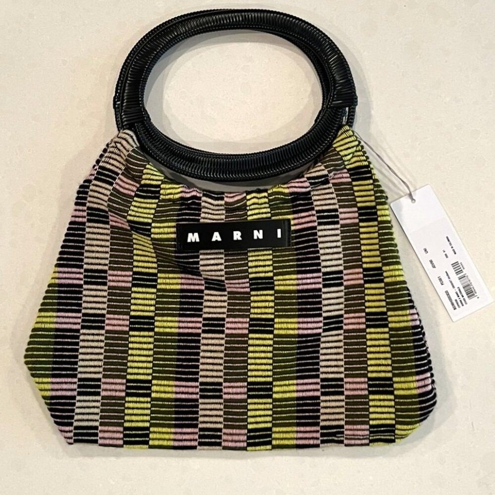 NWT MARNI Boat Bag Cypress Green Multicolor Tote with Black Handles